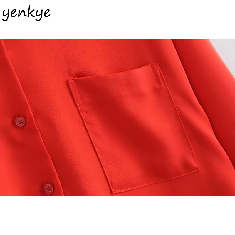 2019 Женская атласная блузка с карманами женская рубашка отложным воротником