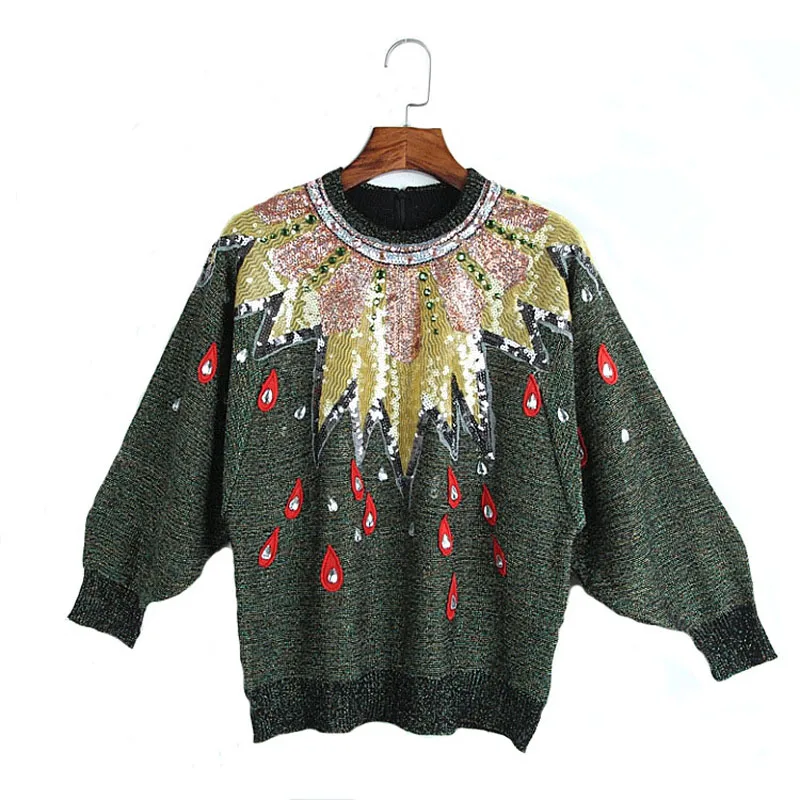 2018 Exquisite beaded metal texture embroidered pullover sweater winter women's long-sleeved S-L | Женская одежда