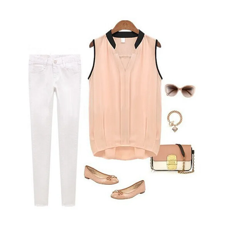 Блузка женская шифоновая без рукавов Элегантная Модная винтажная белая рубашка