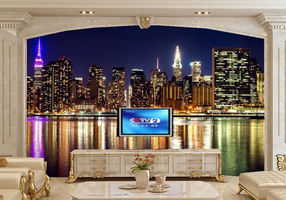 Настенные 3D обои с изображением домов США небоскребов рек Нью Йорка ресторана