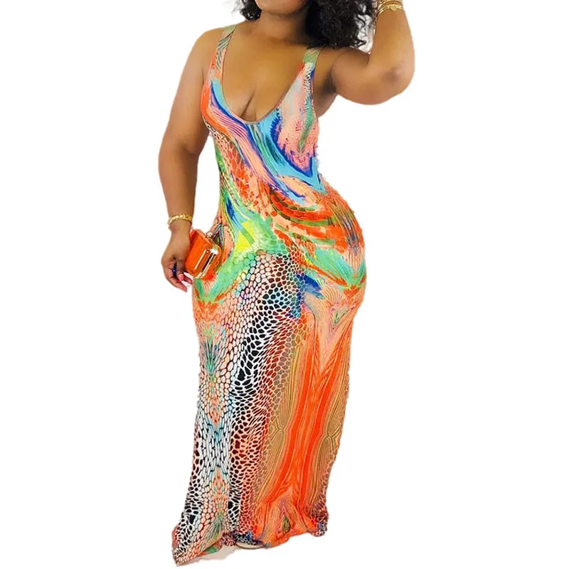 Женское леопардовое платье макси без рукавов с v образным вырезом повседневное