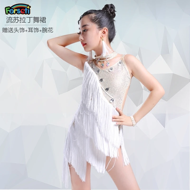 Summer new Latin dance skirt children's female grading costumes bright diamonds tassel clothing | Тематическая одежда и
