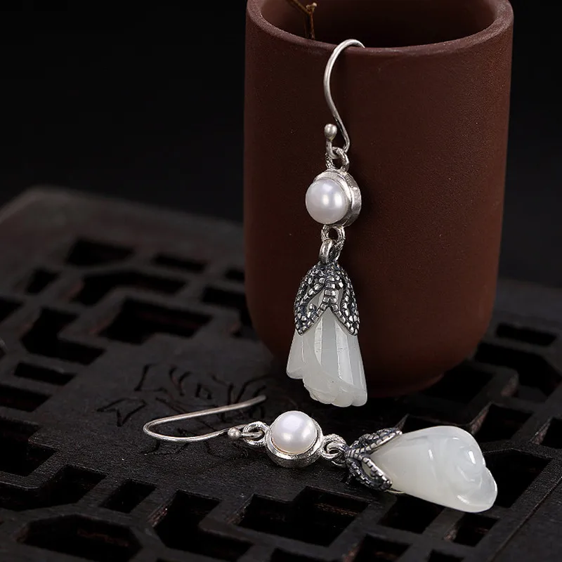 Uglyless Elegant Romantic Floral Earrings Women Handmade Solid 925 Silver Pearls Natural White Jade Thai Bijoux | Украшения и