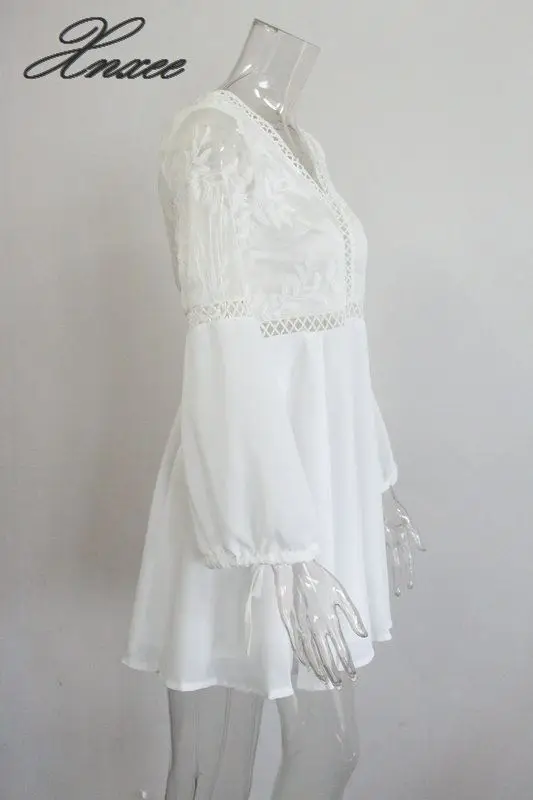 

Women Casual Sexy V-Neck Long Sleeve Lace Trim Short Mini Dress white dress