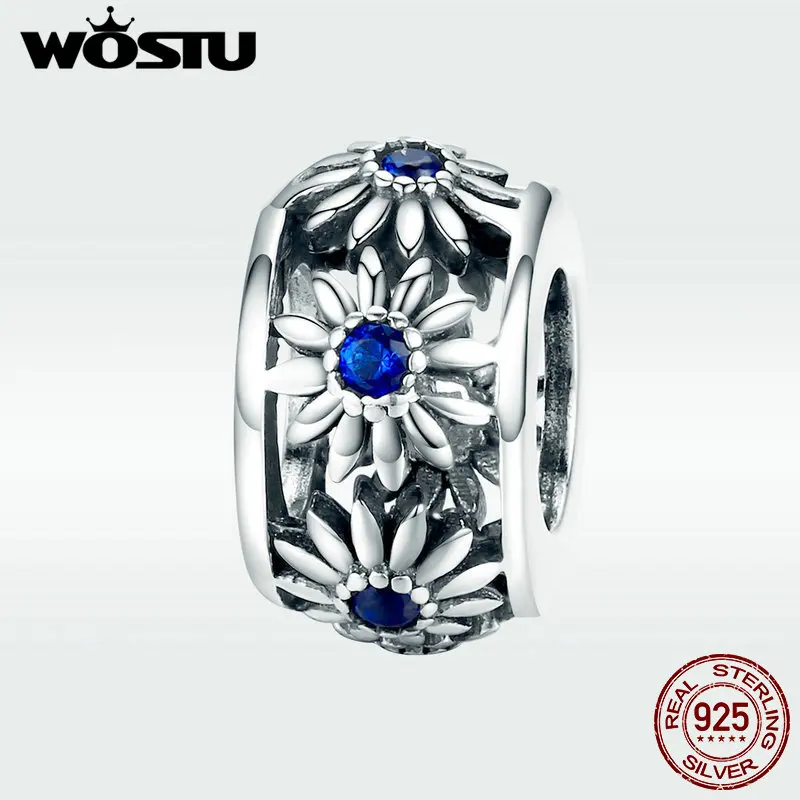 WOSTU, винтажный стиль, 925 пробы, Серебряный цветок маргаритки, Очаровательные Круглые бусины, браслет, подвеска, свадебные ювелирные изделия, FIC1118
