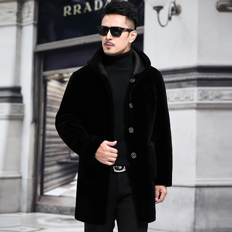 2018 new Haining fur men's double faced sheep's sheared coat medium length leather jacket male P1180 | Мужская одежда