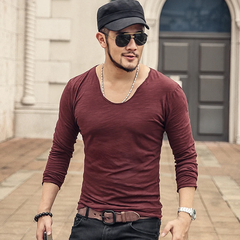 Мужская хлопковая футболка с длинным рукавом V образным вырезом|t-shirt men|slim fit
