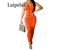 laipelar off the shoulder summer wrap dress 2019 women orange strapless backless package hip dress vintage sleeveless pleated