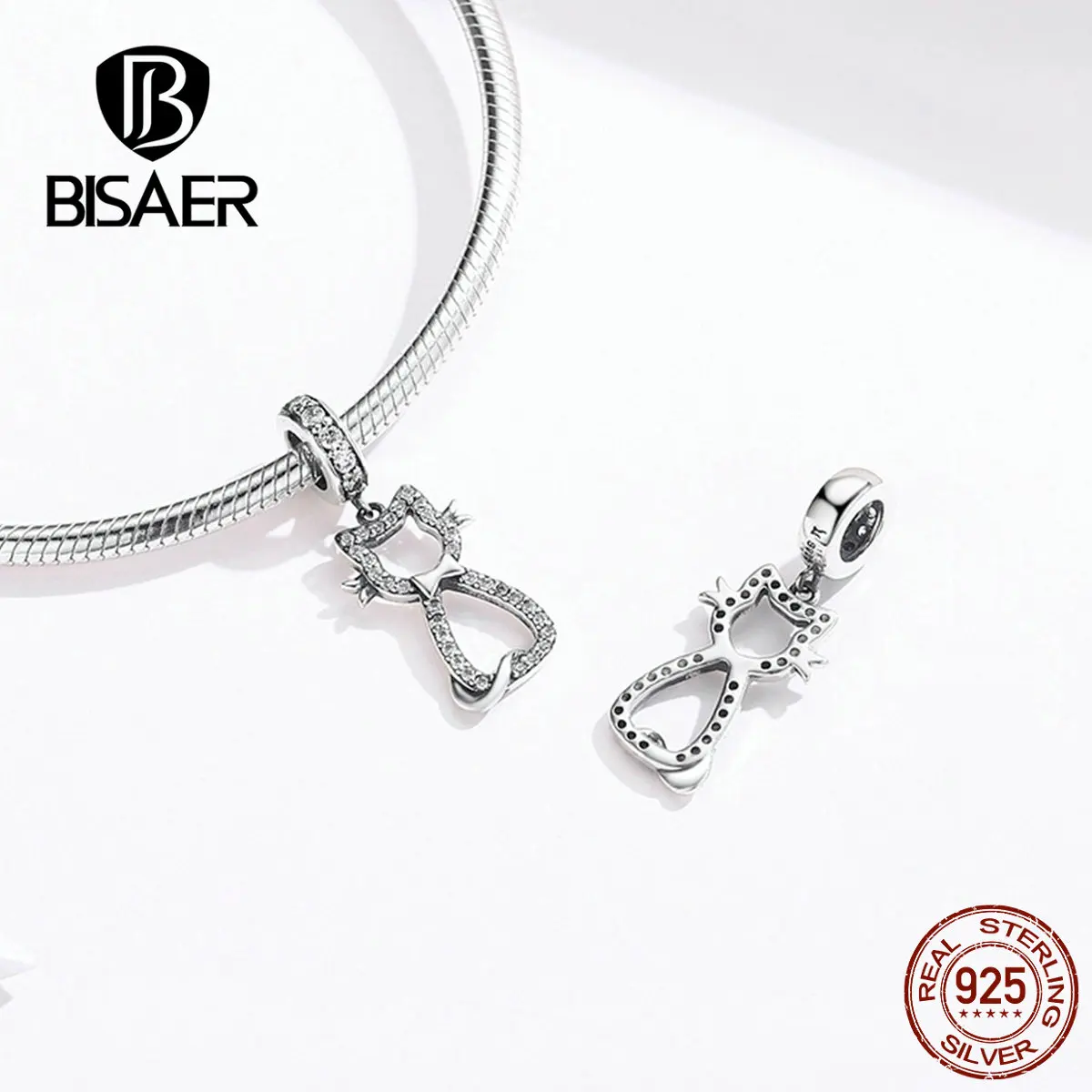BISAER кошка кулон 925 пробы серебро животное котенок киска талисманы бусины подходят браслеты кубический циркон DIY ювелирных изделий ECC1162