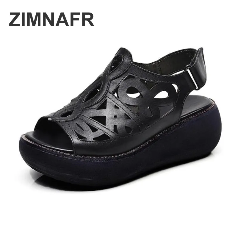 

Women sandals 2019 new summer hollow sandals genuine leather handmade retro mother women sandals fashion casual platform sandals