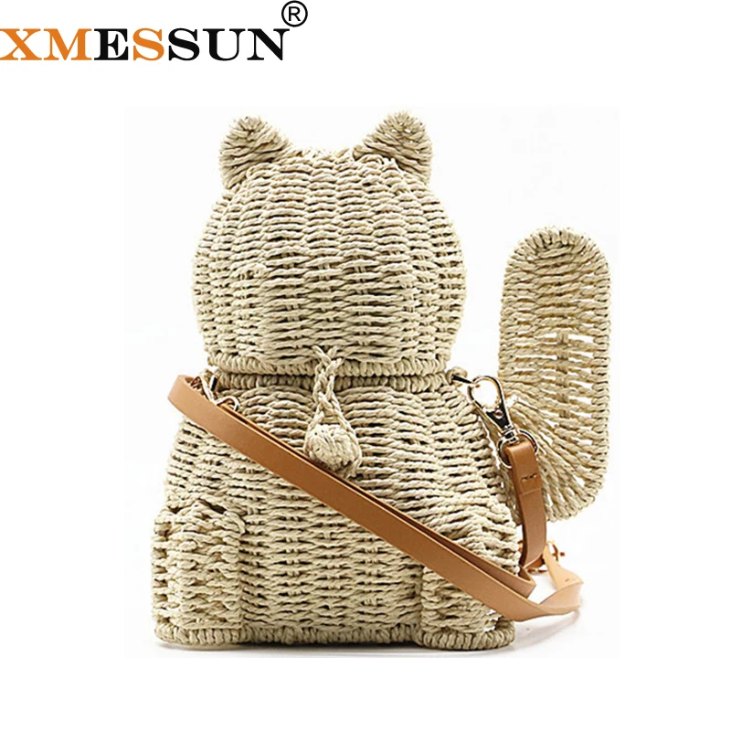 XMESSUN 2021 Женская пляжная соломенная сумка Lucky Cat Летняя мода животное ротанговая