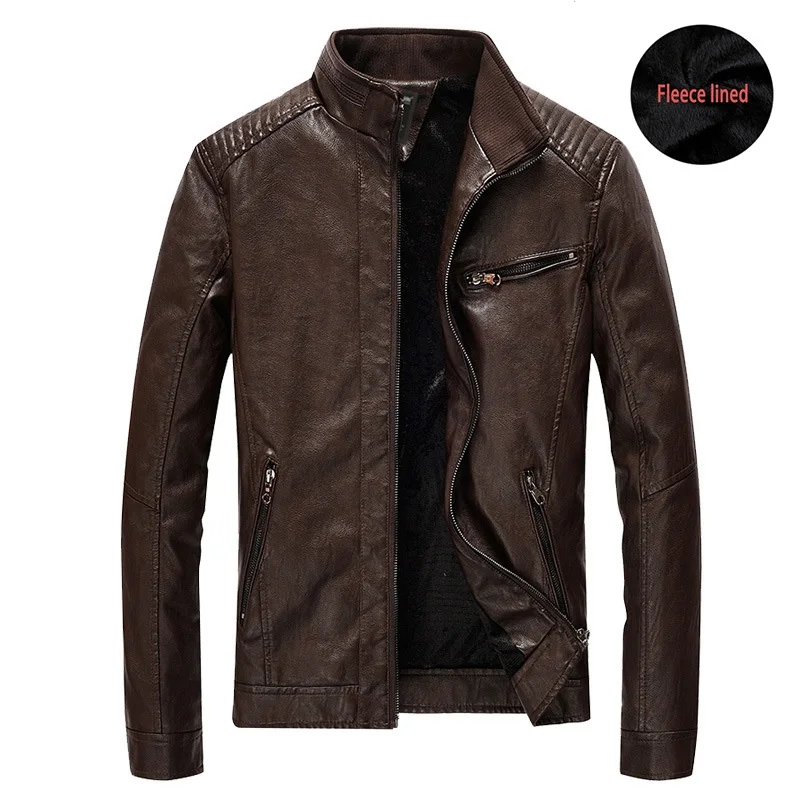 Brown Fleece Men Leather Jacket Men's Spring Autumn Casual PU Leather Jacket Coat Winter Thick Warm Motorcycle Outerwear Jackets Male Clothes - Цвет: Brown Fleece