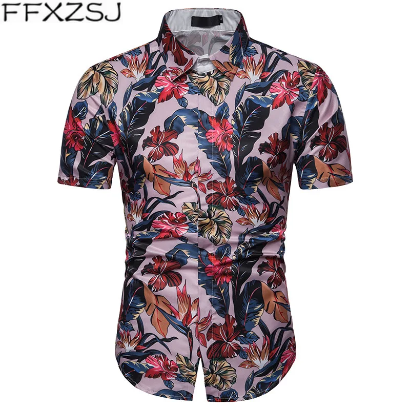 

Summer Floral Men Shirt Short Sleeve 2019 New Summer Shirt Casual Camisa Social Beach Hawaiian Shirt Pink Streetwear M-XXXL