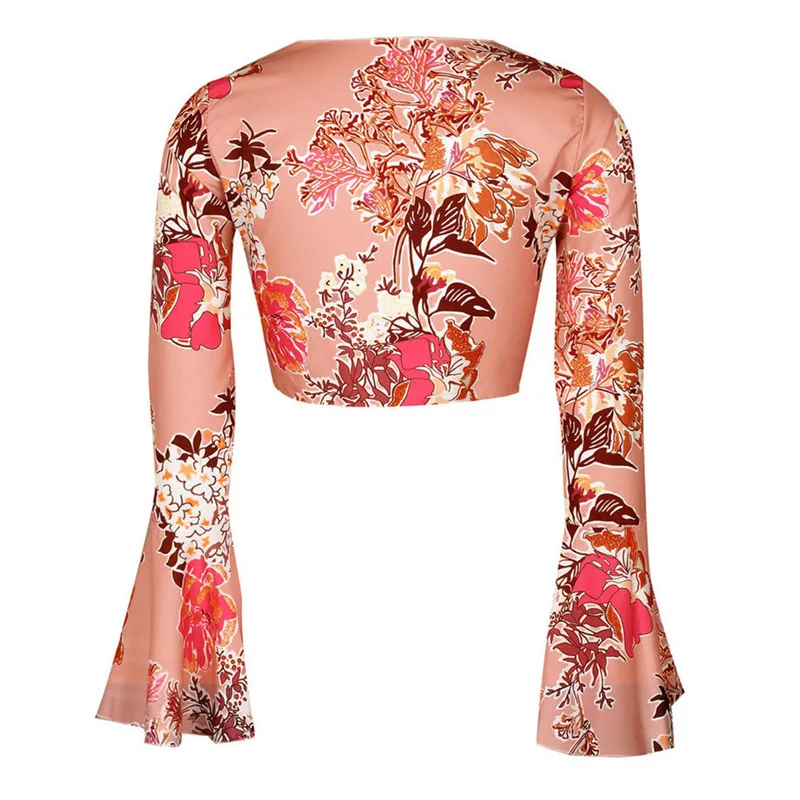 Длинными расклешенными рукавами Дамы Boho Top 2018 летние укороченные топы глубоким v