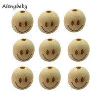 100pcs natural wood beads laser printing smiley face elephant beads teether baby teething wooden round beads for jewelry making