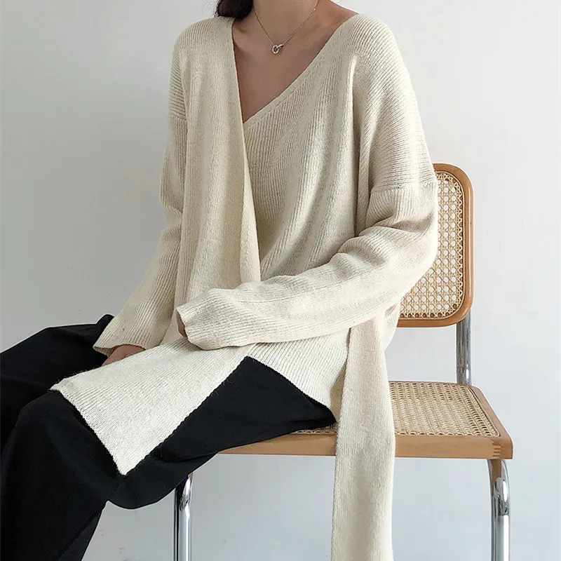 Korobov Sweater Feminine Korean Waist Lace Up Women Sweaters Solid Irregular Sueter Mujer V-Neck Casual Knitted 75917 | Женская одежда