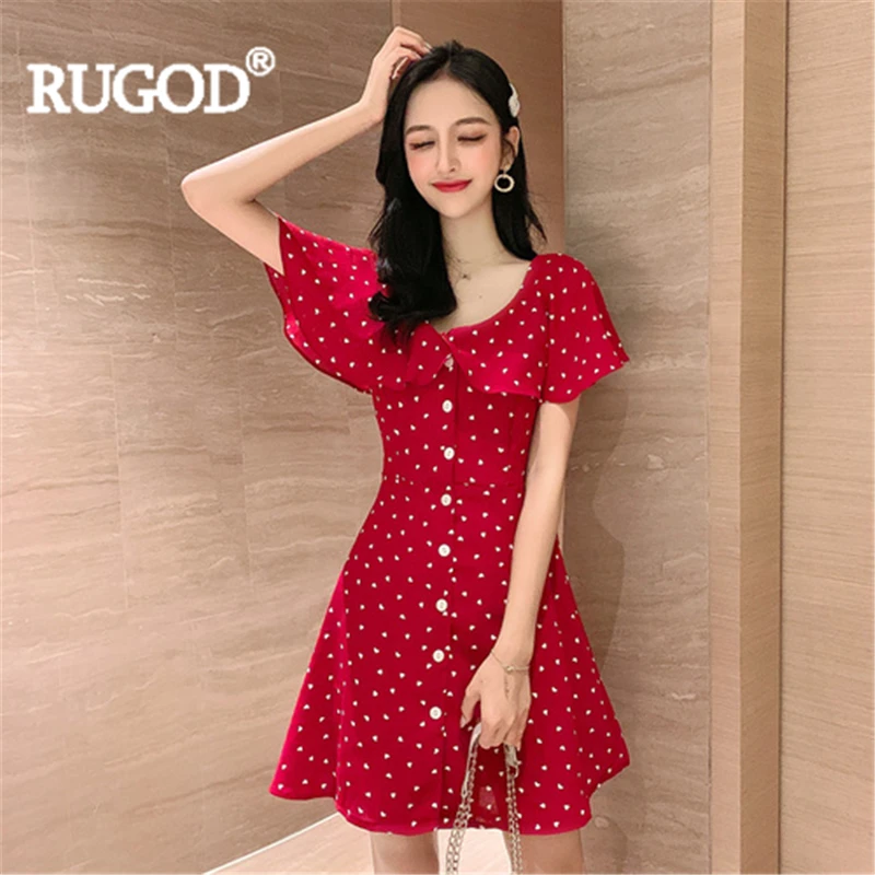 RUGOD Women chiffon mini dress ruffled dot butterfly sleeve high waist a-line elegant 2019 new arrival fashion vintage | Женская одежда