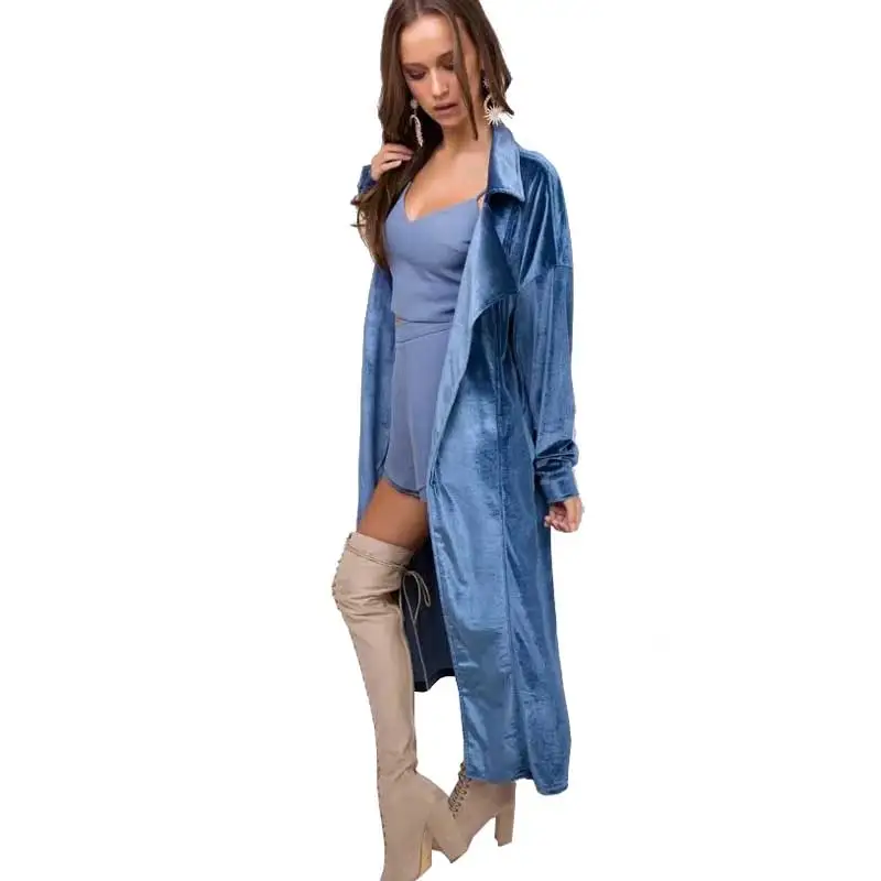 Бохо стиле тренчи Velvet Wrap регулируемый пояс с отложным воротником длинное зимнее