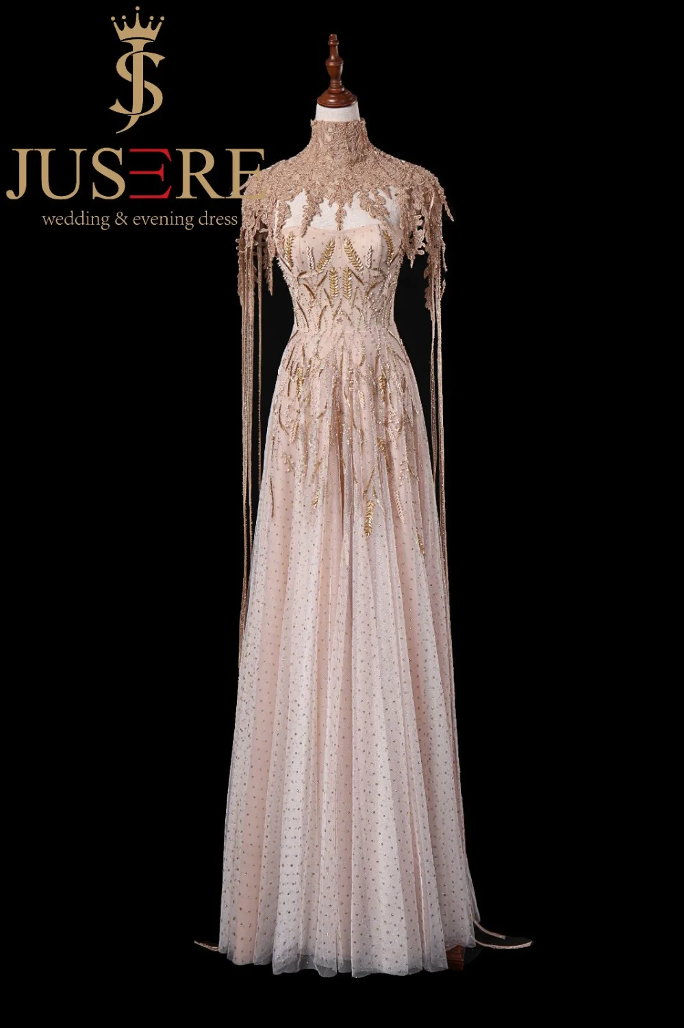 JUSERE FASHION SHOW Hight Collar Cap Sleeve Long Evening Dress Formal Party Gowns Vestido de festa longo Robe De Soiree