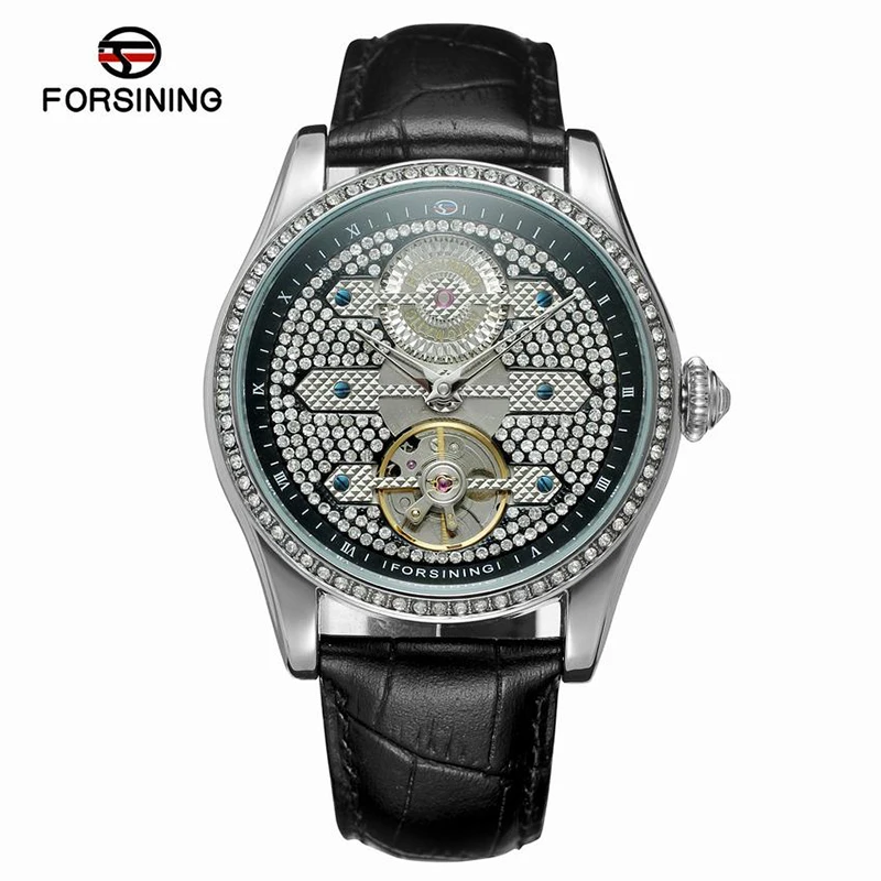 

Forsining 2017 Design Genuine Leather Diamond Display Blue Hands Tourbillion Waterproof Mens Automatic Watches Top Brand Luxury
