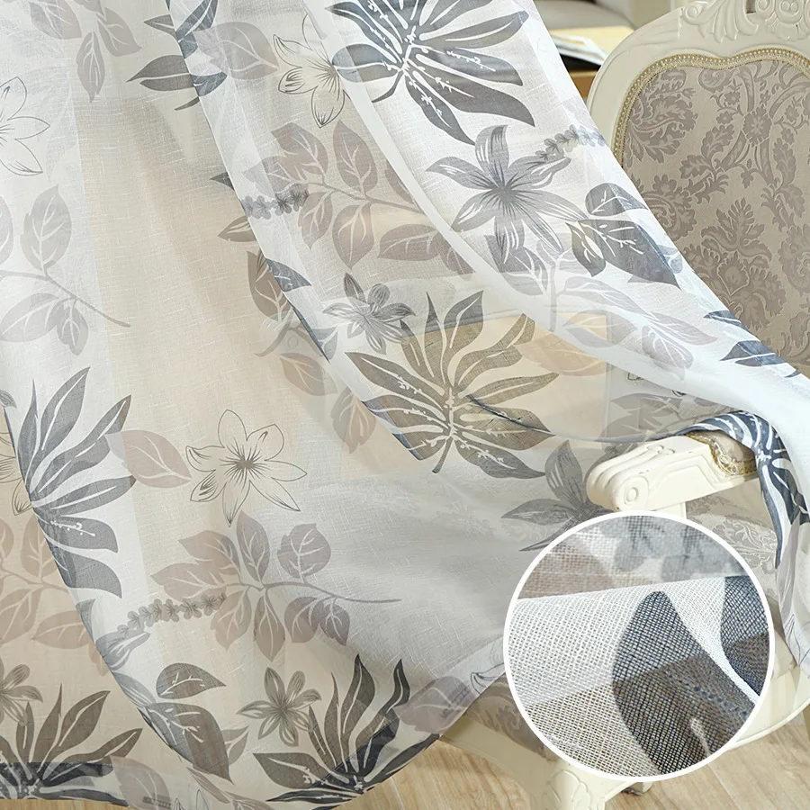 2 цвета хлопковые льняные шторы с серыми листьями в американском стиле для