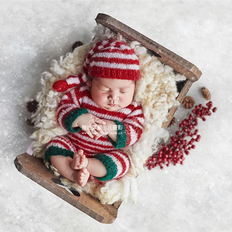 

Newborn Christmas Outfit Soft Santa Hat Photography Props Knitted Baby Sleeper Bonnet Long Sleeve Infant Onesie Overalls Pants