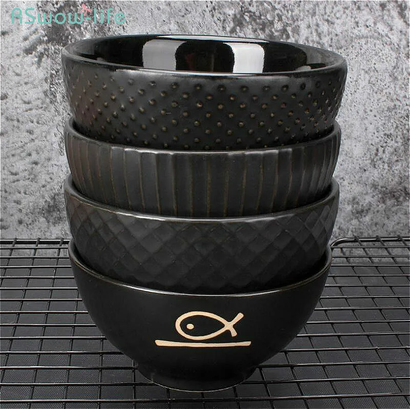 

Japanese Cutlery Ceramic Bowl Black Round 4-inch Rice Bowls Household Soup Fish Tableware Cutlery Dinner Sets Luxury Dinnerware