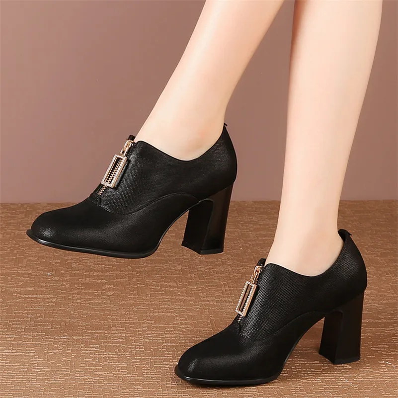 

Meotina High Heels Women Pumps Natural Genuine Leather Zip Chunky Heel Shoes Square Toe Super High Heel Shoes Female Big Size 43