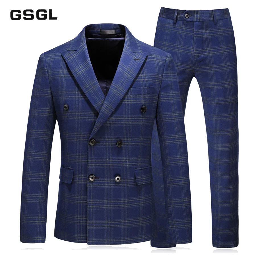 Mens Double Breasted Suits Spring Autumn S-5XL Groom Wedding Suit 3 Piece Blue Plaid Suit Business Formal Wear