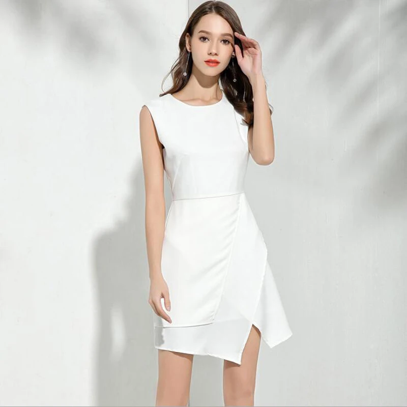 Mycourse Для женщин Асимметричный рубашка белое платье с круглым вырезом без рукавов