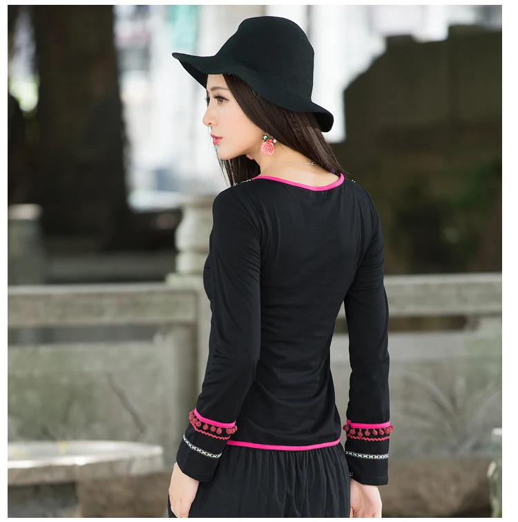 Camisas femininas Женский пуловер винтажный 70 s этнический мексиканский стиль с длинным рукавом с v-образным вырезом черная футболка с нашивками AF498