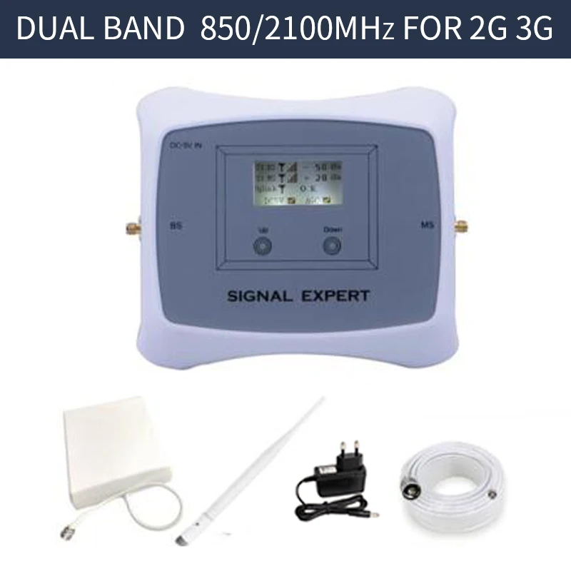 

2020 2G 3G Dual Band 850/2100MHz Mobile Signal Booster CDMA WCDM Signal Repeater with Indoor Whip+Outdoor Penal antenna