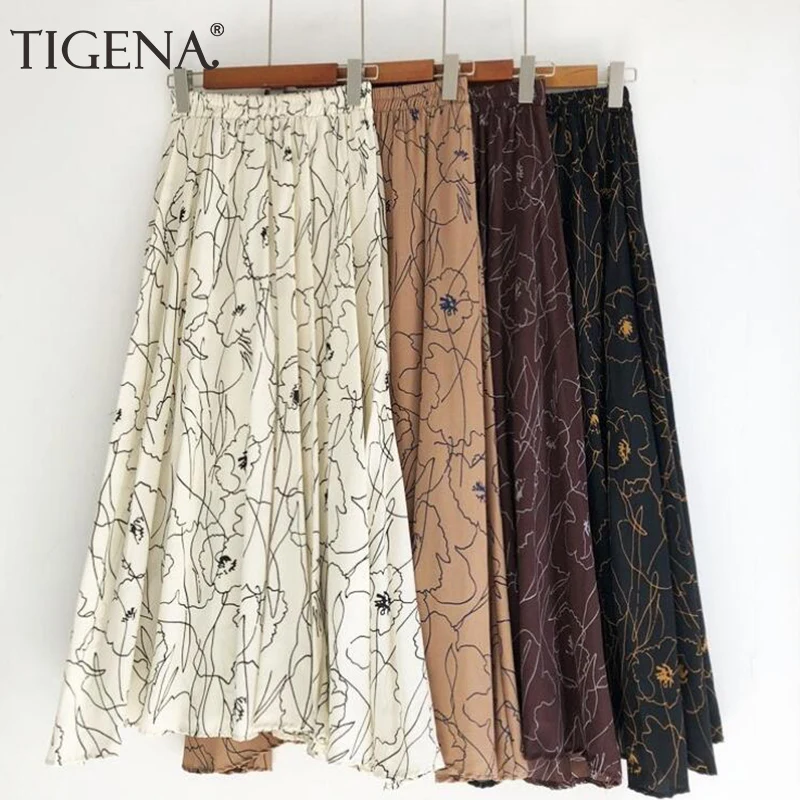 TIGENA 90cm Bohemian Long Maxi Skirt Women 2021 Summer Korean Fashion Print Chiffon Skirt Female Boho Sun High Waist Skirt