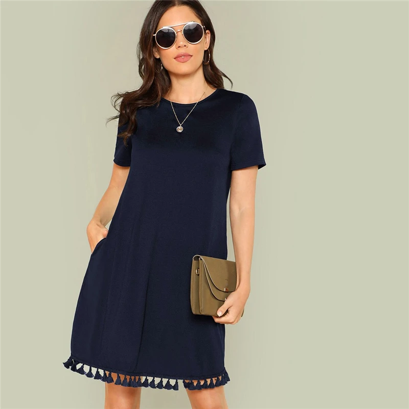 SHEIN женское летнее платье с бахромой и боковыми карманами,, цельное платье-туника с коротким рукавом