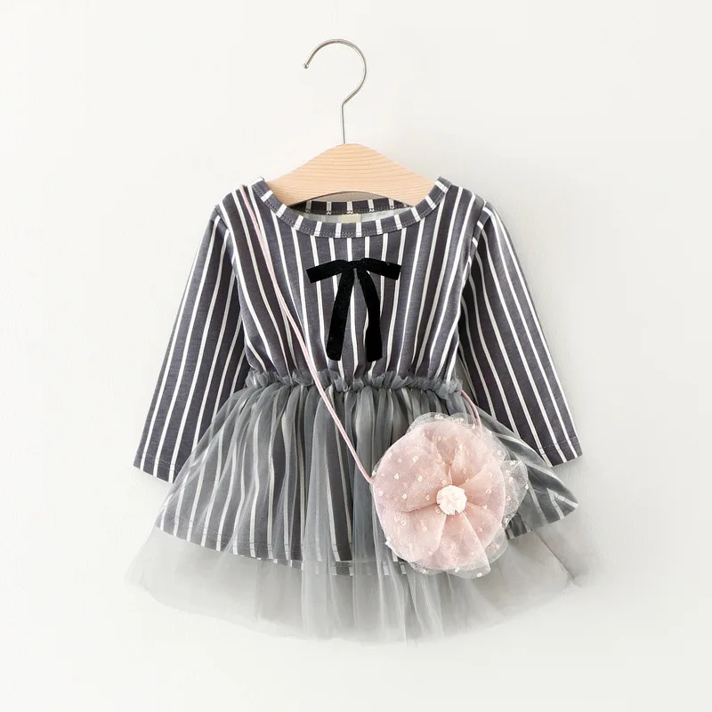 Summer baby dress Stripe Dresses Collar toddler girl clothing for girls Birthday Dress with the floral bag | Детская одежда и