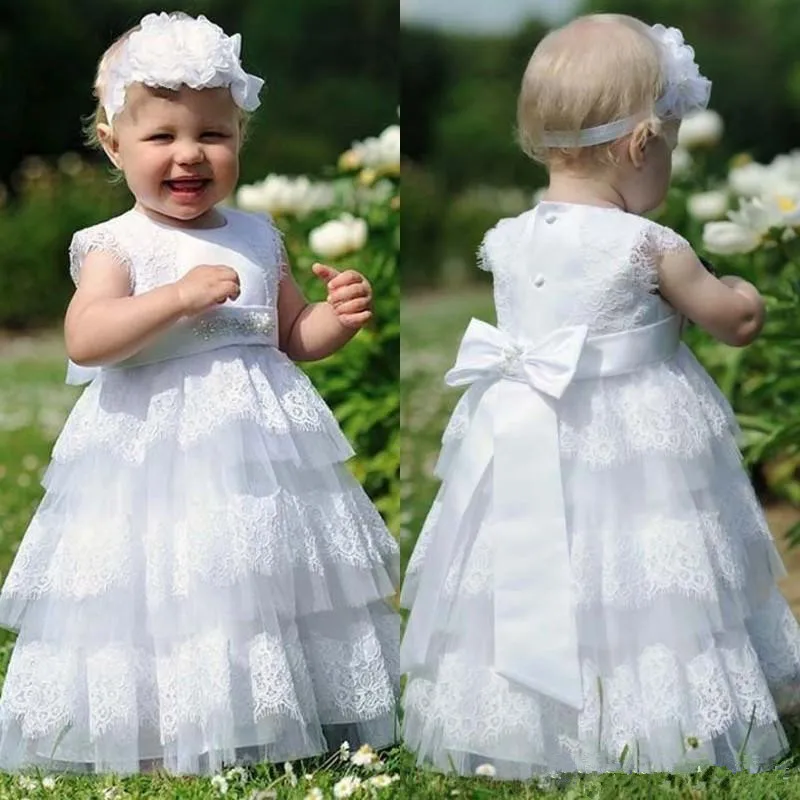 

2021 Tiered Cupcake Tulle First Communion Dresses Lace Appliques Toddler Pageant Flower Girl Dress for Weddings Beaded Bow Sash