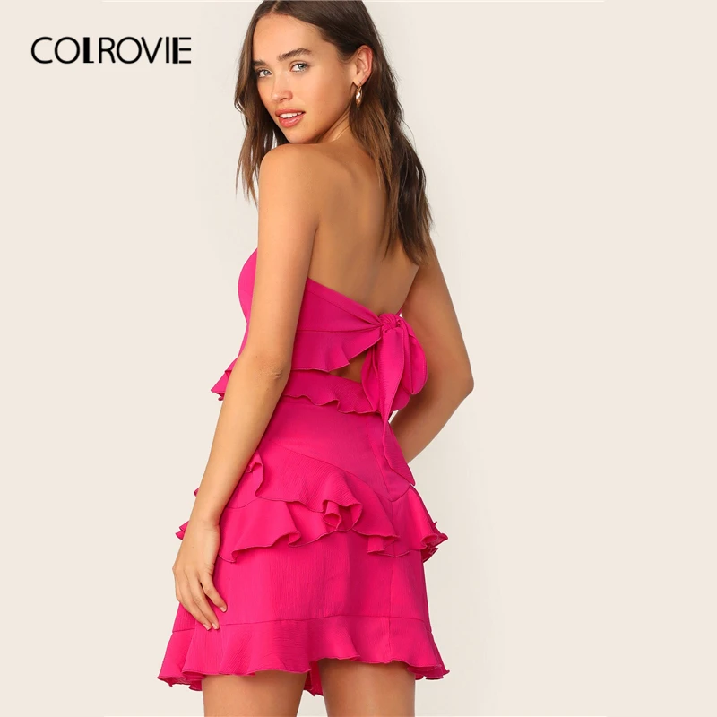 COLROVIE неоновое ярко-розовое сексуальное мини-платье с бантом и рюшами на спине для женщин летнее платье без бретелек для отдыха и отдыха для девушек