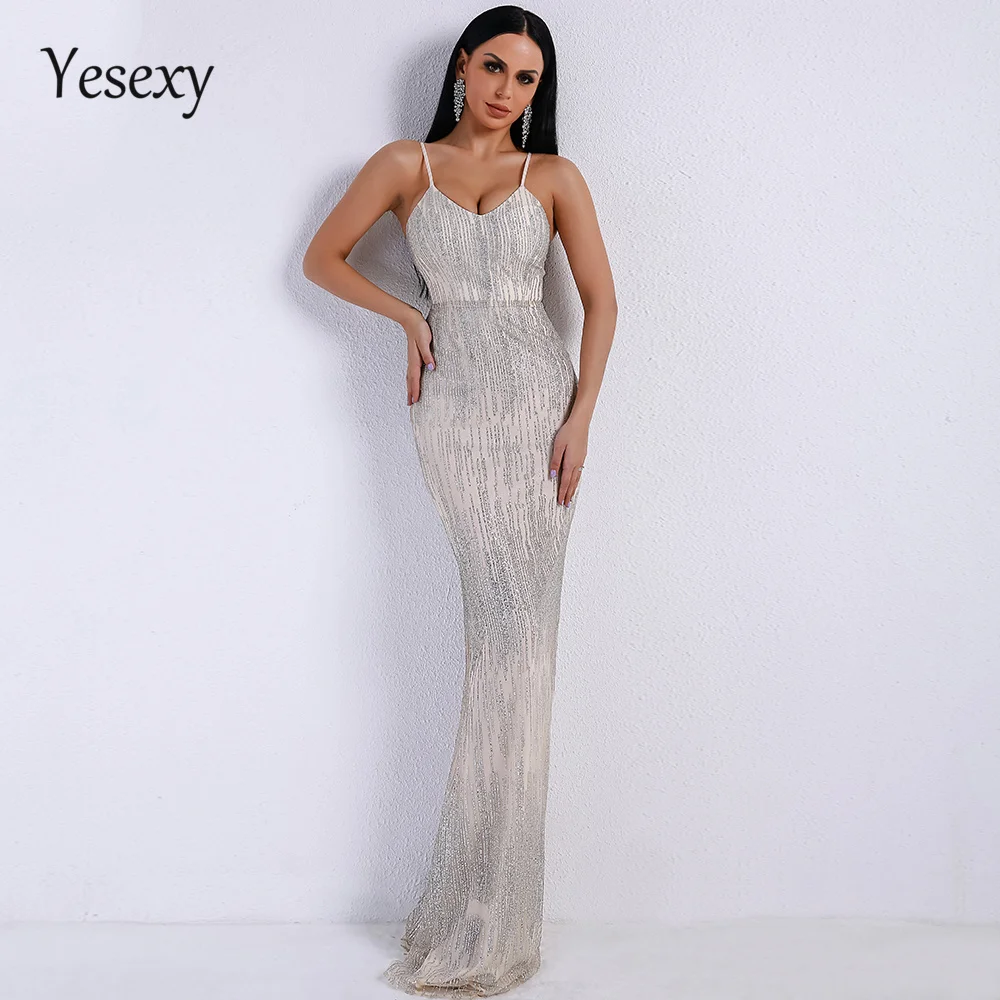Yesexy 2021 женские сексуальные блестящие платья с V образным вырезом и открытыми