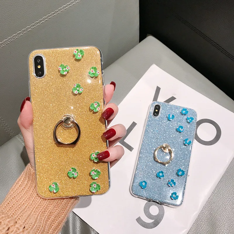 Luxury DIY Handmade Flower Cover for Huawei P8 P9 P10 Lite P20 P30 Pro Bling Glitter Finger Ring Flash powder Case |