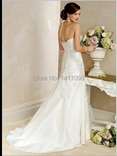 Elegant Halter Sexy A-line Full Length Lace Up Chapel Train Taffeta Wedding Dresses Custom Colors | Свадьбы и торжества