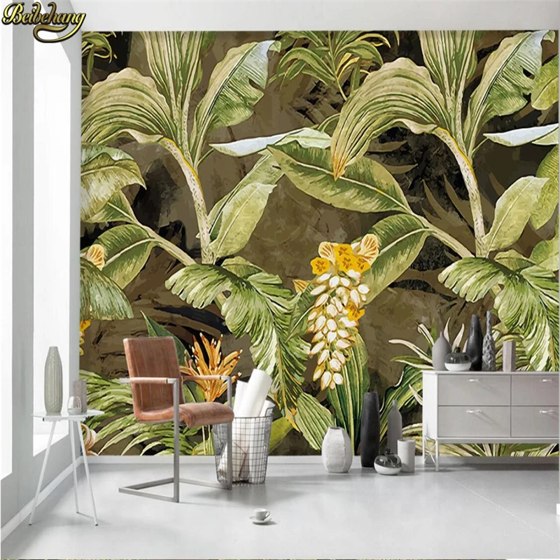 

beibehang Retro tropical rain forest palm banana leaf living room TV backdrop custom wallpaper large mural wall stickers