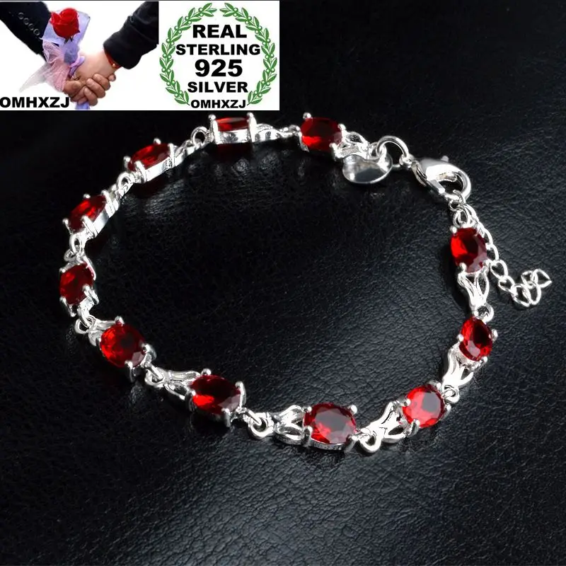 

OMHXZJ Wholesale Personality Fashion OL Woman Girl Party Wedding Gift Silver Red Zircon Chain 925 Sterling Silver Bracelet BR33