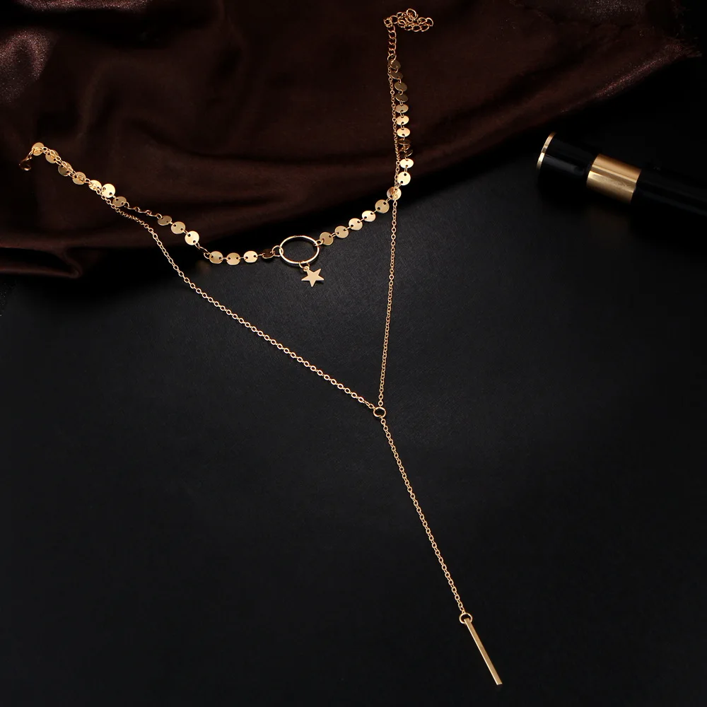 L&ampH 2018 Hot Sales Charm Gold Sliver Color Geometric Double Chain Pendant Necklace For Women Fashion Femmes Chockers Jewelry | Украшения