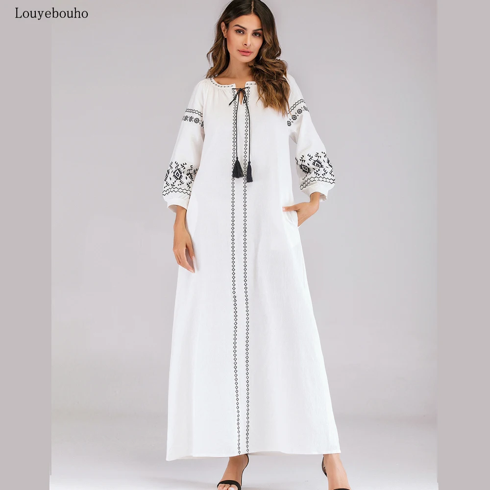 2019 женское вышитое мусульманское abaya свободное Макси платье на запястье с