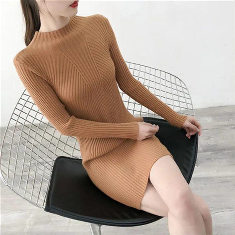 Длинный пуловер однотонные вязаные топы новинка 2018 Осень-зима водолазка с