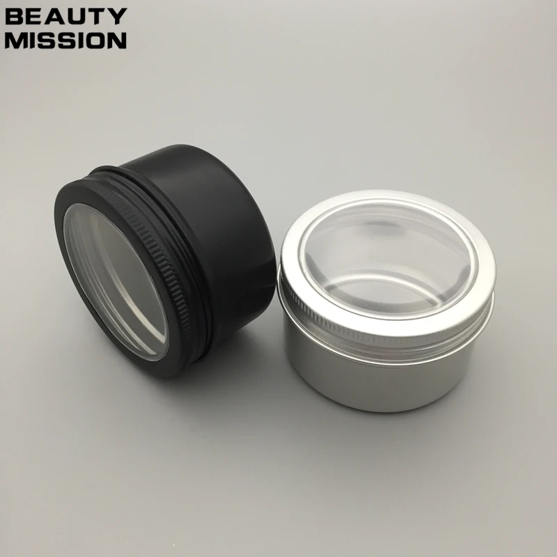 Beauty Mission 100 г алюминиевая черная/Серебристая оконная банка 100 мл Бутылочка для косметического крема видимая пустая винтовая крышка лосьон жестяные банки контейнер