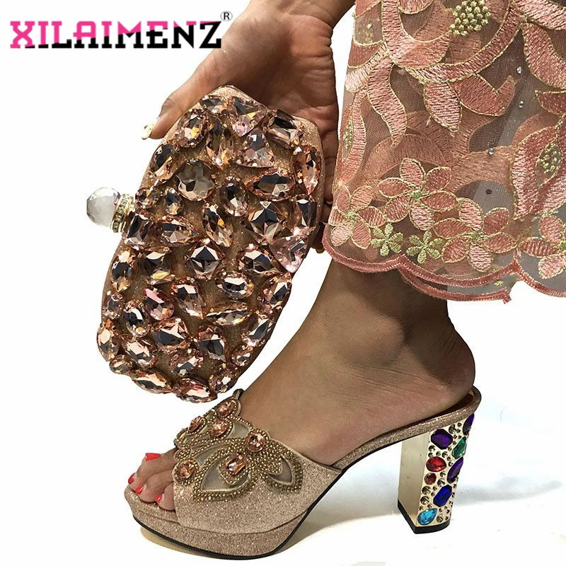 

Peach 2019 New Design Novelty Style Italian Ladies High Quality Shoes with Evening Bag to Match for Wedding Slipper
