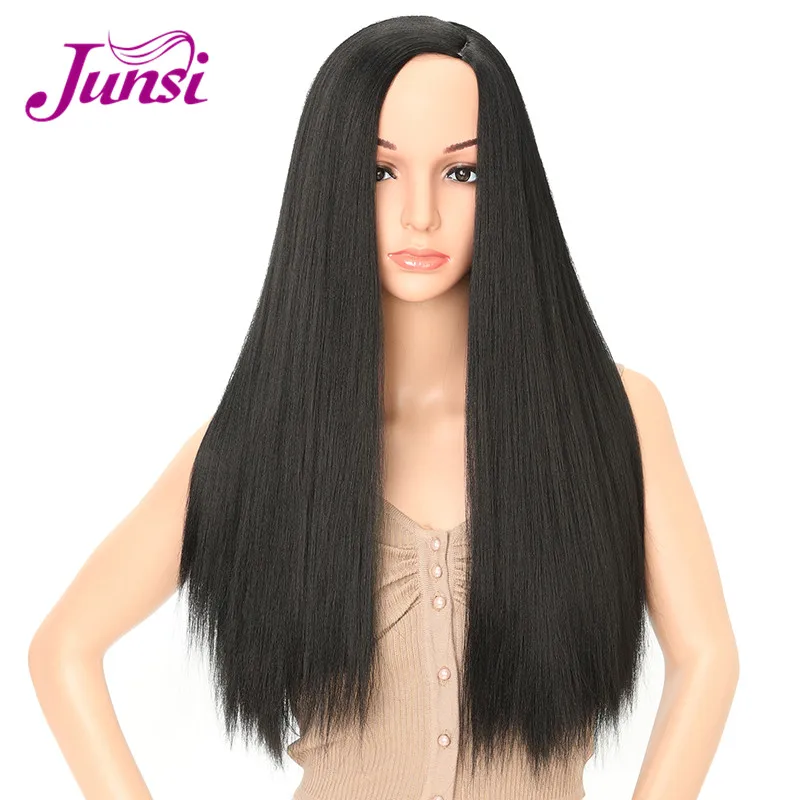 

JUNSI Synthetic Wigs Yaki Straight Black Wig Long Yaki Hair for Women Heat Resistant Fiber Natural Hair