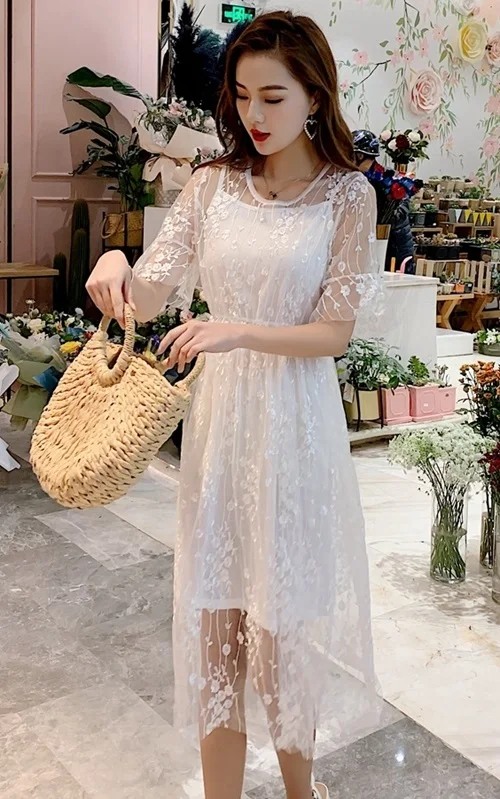 Белый Comelsexy модная женская цветочная вышивка с сеткой Платье летнее с коротким рукавом платье с цветочным рисунком элегантные с эластичной талией вечерние платья для пляжа - Цвет: Белый