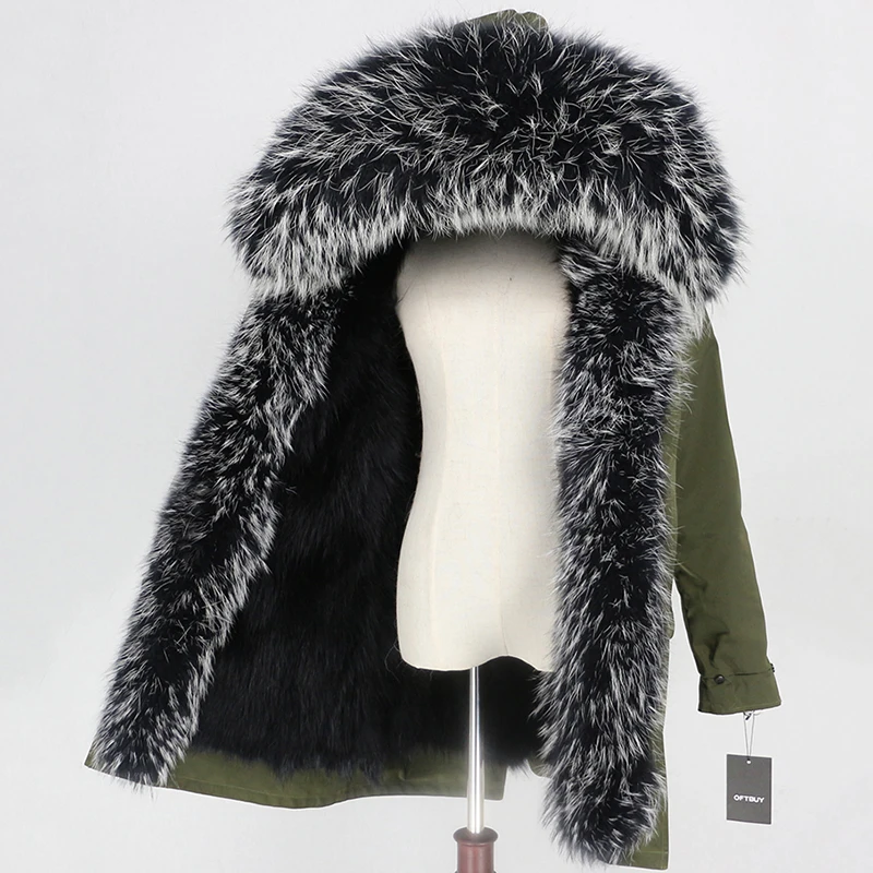 green black black W OFTBUY пальто из натурального меха енота, капюшон из лисьего меха, зимняя куртка, Женская длинная парка, водонепроницаемая верхняя одежда - Цвет: green black black W